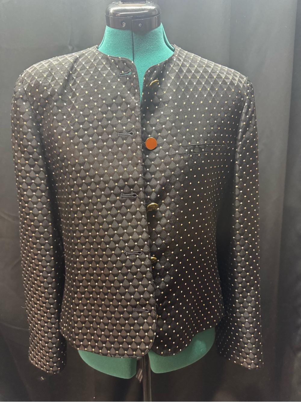 Lord & Taylor Black Quilted Nehru-Style Blazer with Gold Dot Accent